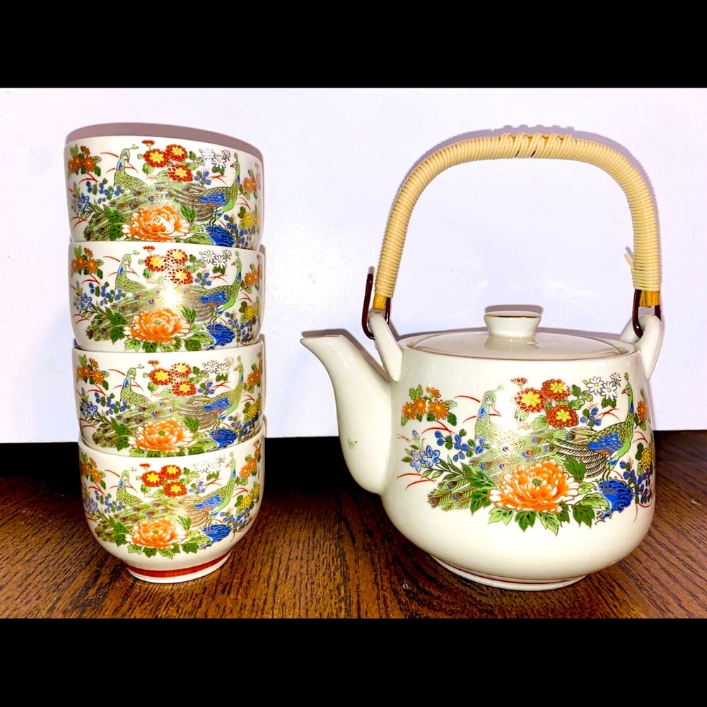 Vintage Himark Japanese Peacock Gilded Sake Tea Set - 4 Cups With Kettle